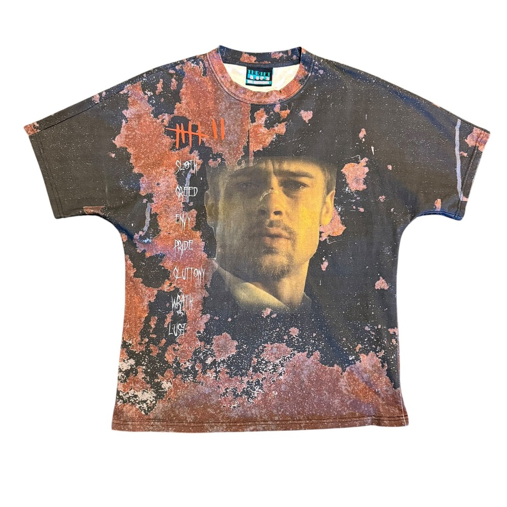 Thrift Lif3 Se7en Movie Graphic T-Shirt Mens L Brad Pitt Seven Deadly Sins AOP